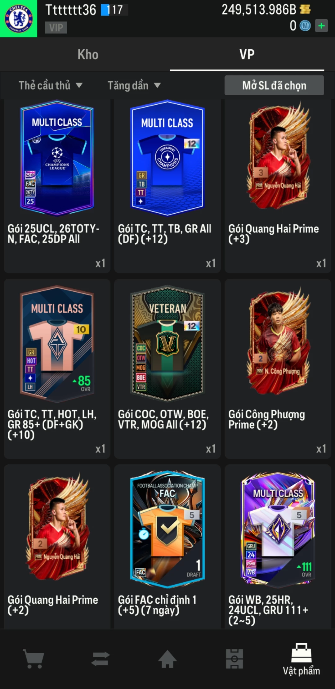 Ảnh ACC mở thẻ (LOẠI SVIP PROMAX) bao gồm có 02 thẻ +12, 04 thẻ PRIME (QH+, CP+, XS+, HĐ+) và hơn 1600+ thẻ cầu thủ từ Siêu sao đến Miền núi các loại. Acc có sẵn BP trắng từ 230.000 tỷ BP đến 250.000 tỷ BP kèm theo nhiều ngày SVIP